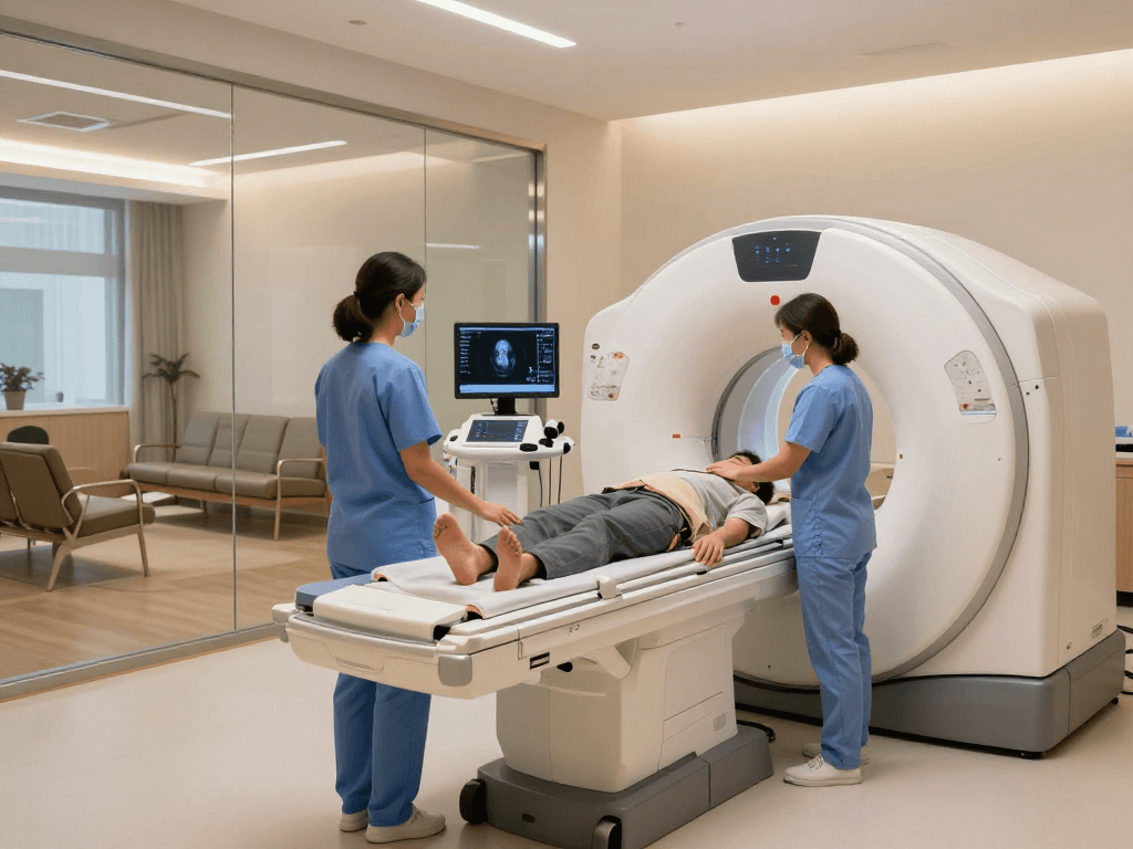 Cleveland Clinic Abu Dhabi imaging department featuring technicians and advanced MRI equipment in a welcoming clinic environment.
