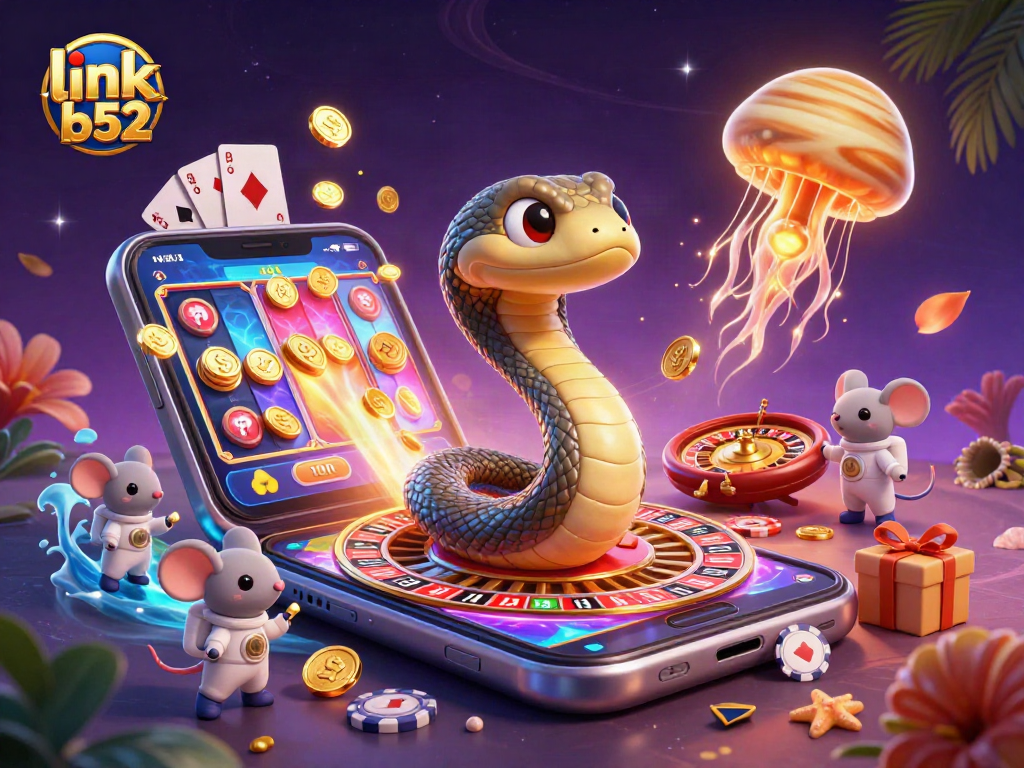 Experience excitement at link b52 with a cosmic casino scene featuring vibrant slots and immersive betting action.
