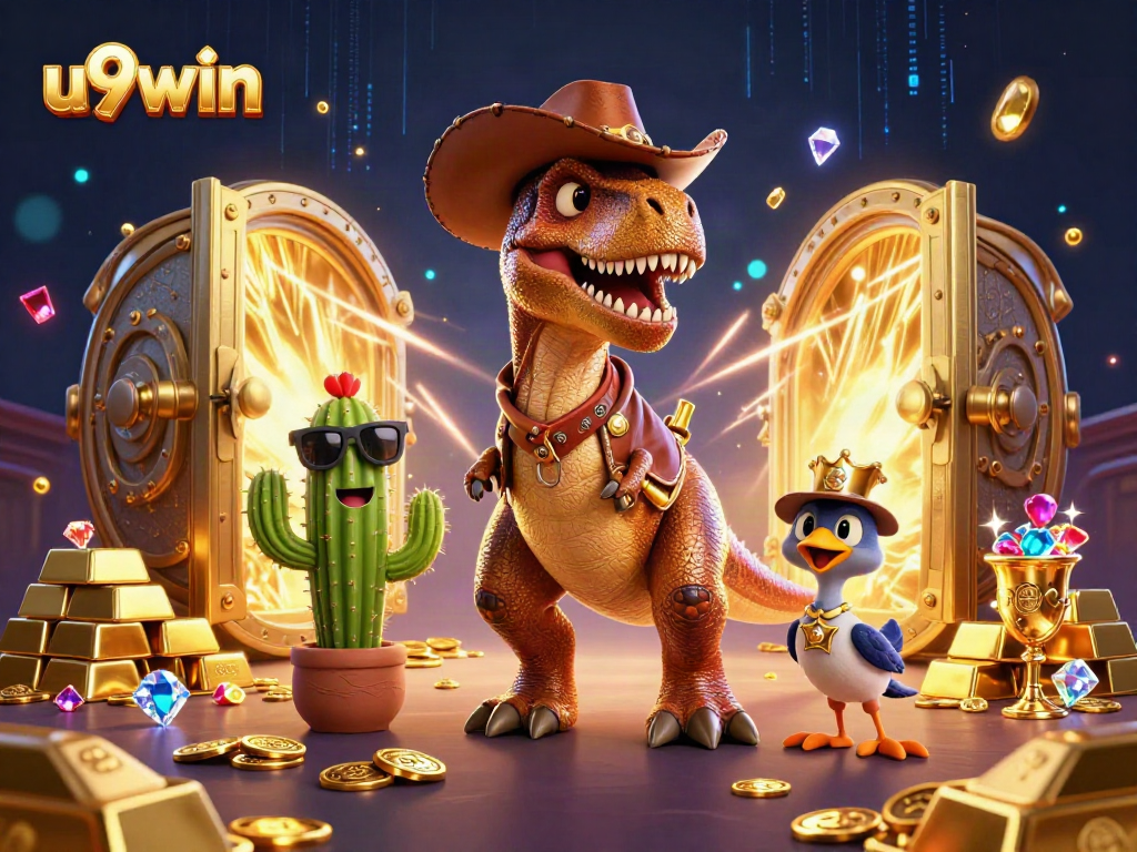 Experience thrilling gameplay at u9win with a fun-filled 3D scene of a cowboy dinosaur and friends!