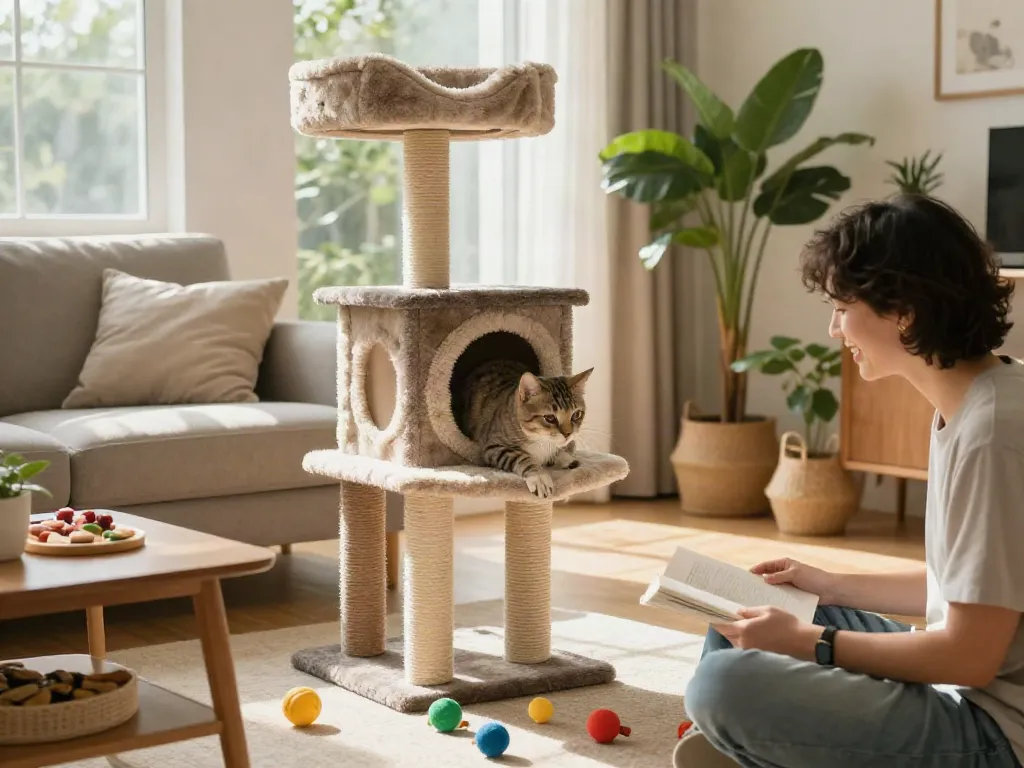 Playful cat climbing a modern cat tree in a sunlit living room.
