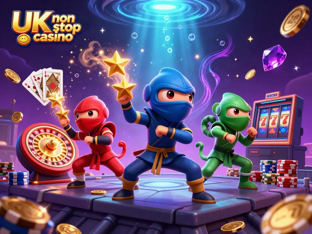 Experience the excitement of UK non gamstop casino with vibrant chameleon ninjas amidst sparkling casino elements.
