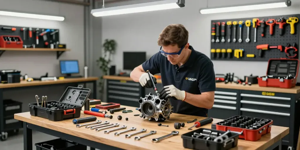 Technician using usag tools in a well-organized automotive workshop, showcasing professional craftsmanship and precision.