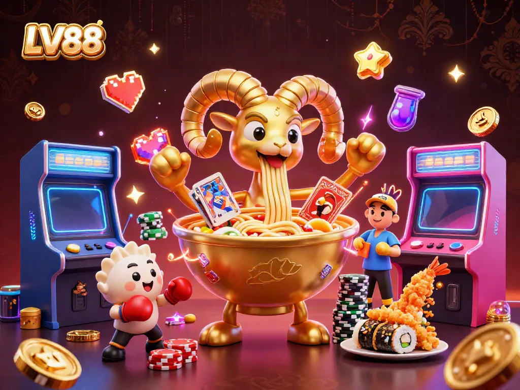 Experience excitement with LV88's vibrant gaming scene featuring colorful characters and dynamic casino elements.