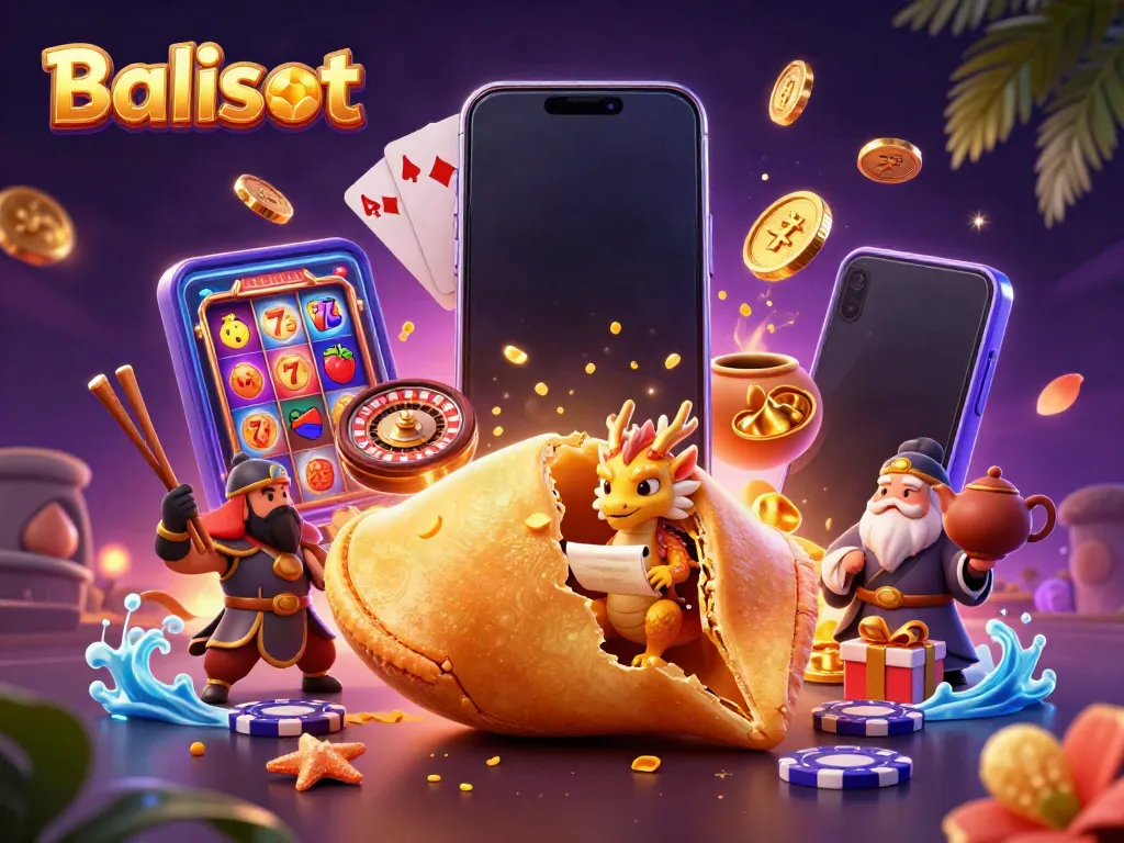 Balislot game scene with a golden fortune cookie and vibrant slot game elements in action