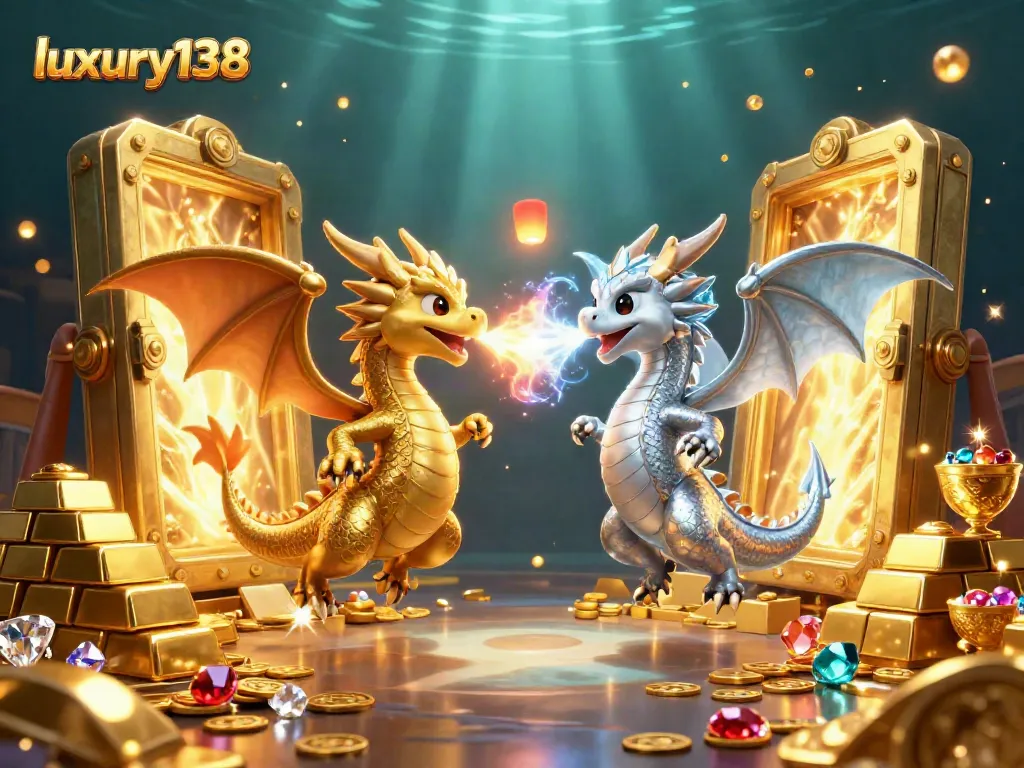 Experience luxury138's gaming adventures with fiery and icy dragon companions in an exciting 3D scene.
