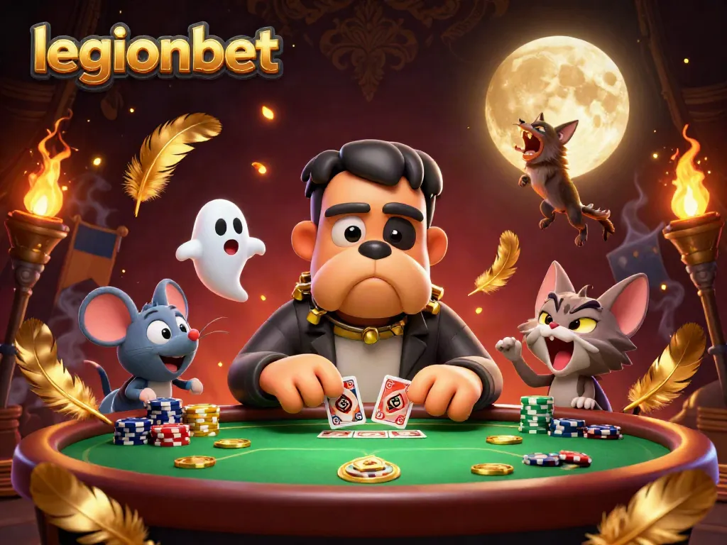 Join the fun at legionbet with a whimsical scene featuring a cartoon bulldog monster dealing poker cards.