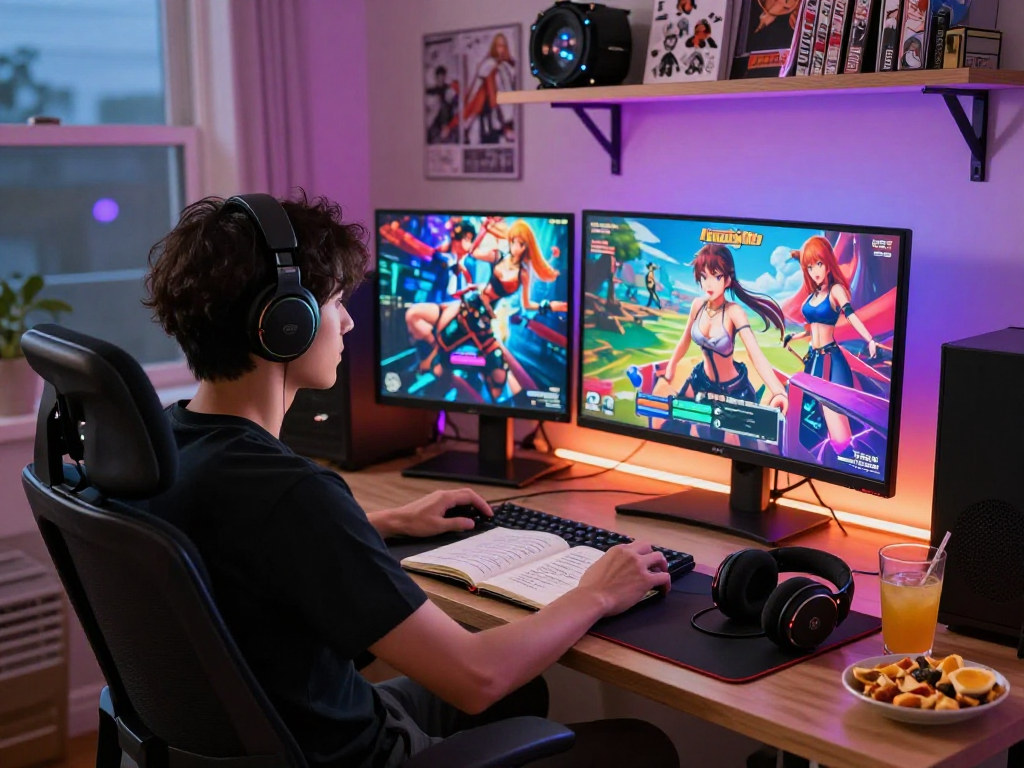 Engaging gamer enjoying a hentai game in a cozy setup at twilight.