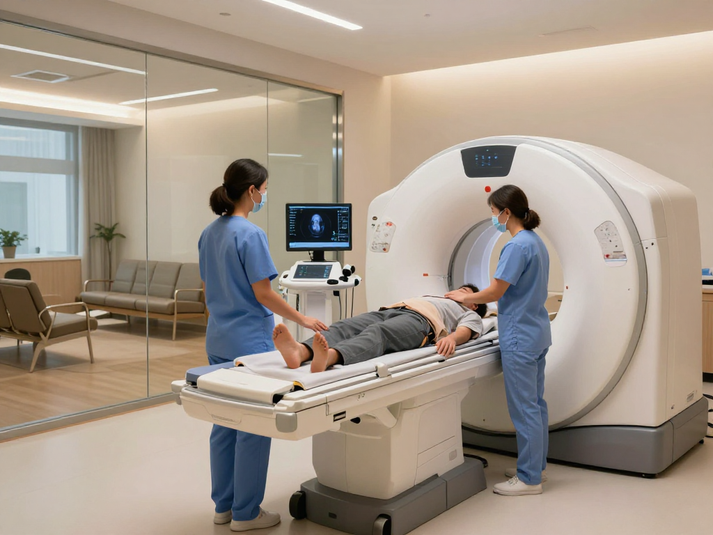 Cleveland Clinic Abu Dhabi imaging department featuring technicians and advanced MRI equipment in a welcoming clinic environment.