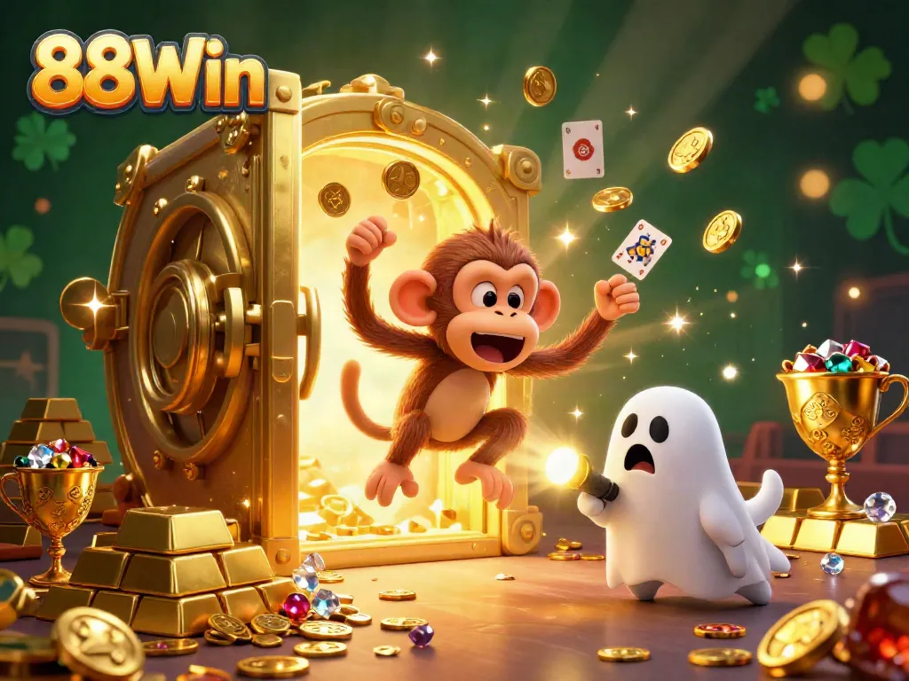 Experience thrilling wins at 88Win in a vibrant haunted casino scene featuring gold treasures.