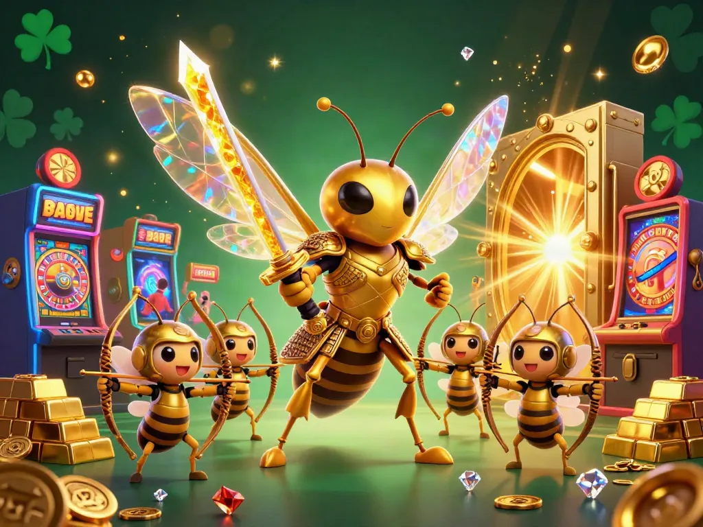 Zowin gaming excitement with a golden hornet samurai and bee archers amidst casino elements.