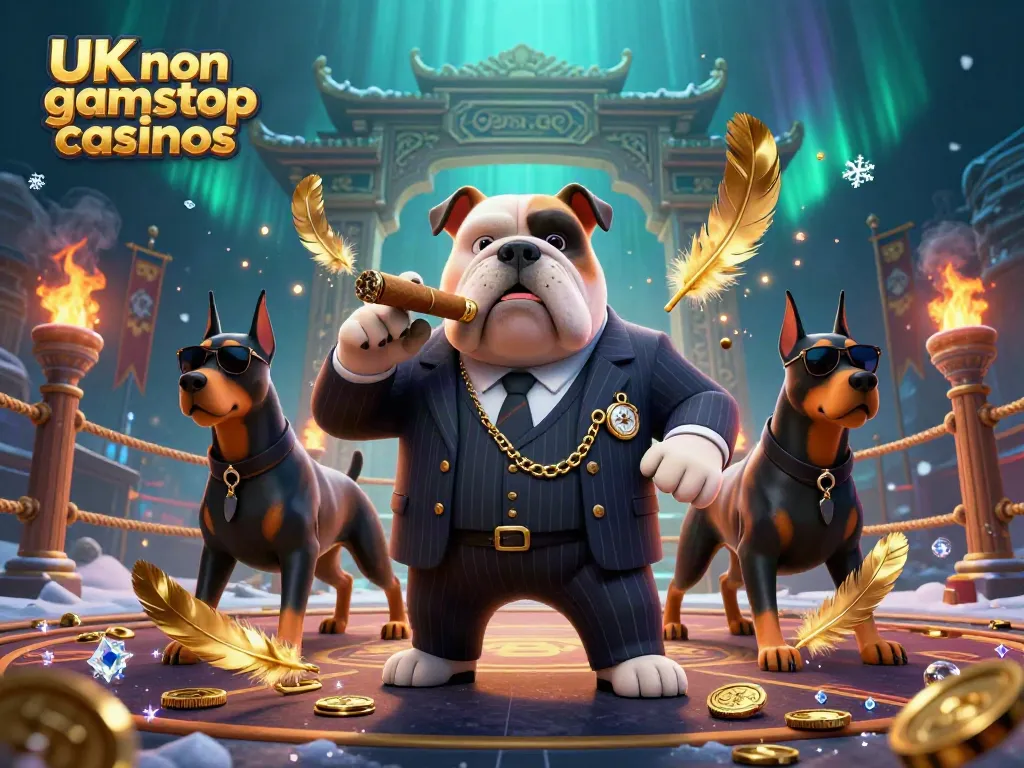 Experience the thrill of UK non gamstop casinos with a dynamic 3D illustration of a mafia boss and Doberman bodyguards.
