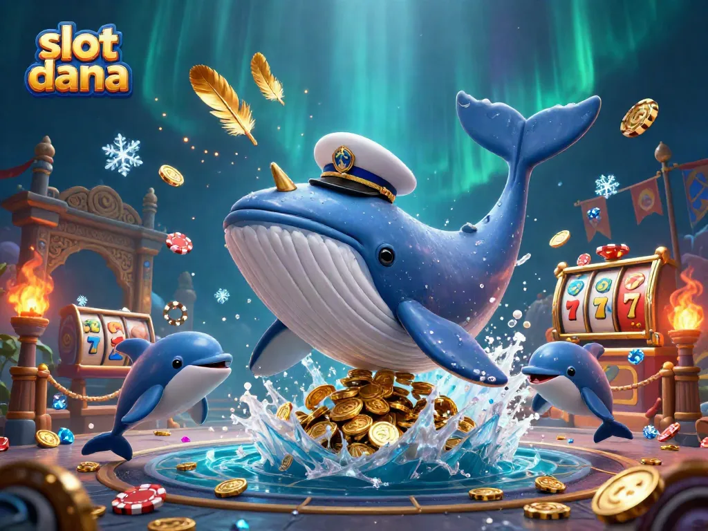 Experience thrilling gameplay with slot dana featuring a cartoon whale and playful dolphins amidst gold coins and slots.