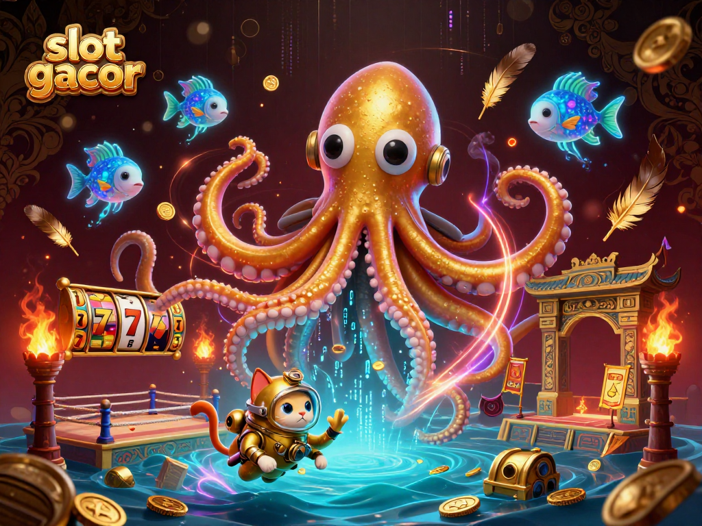 Catch the excitement of slot gacor games with a vibrant 3D scene featuring a kraken, diving cat, and bioluminescent fish.