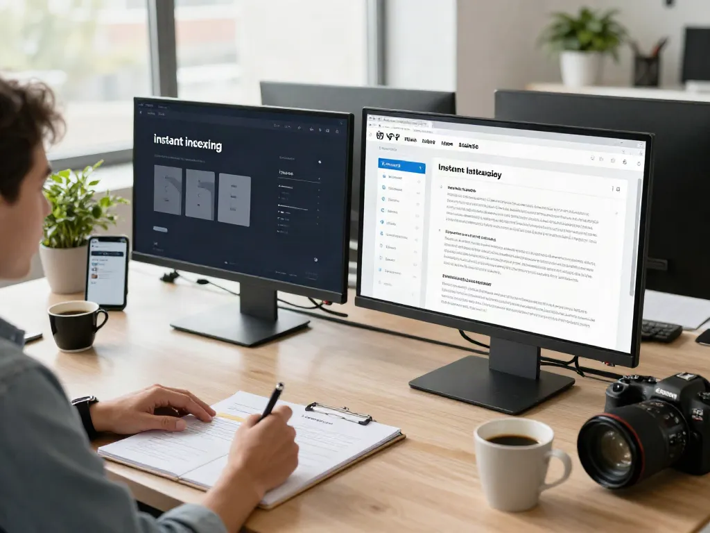 Content strategist analyzing SEO data and strategies for instant indexing at a modern workspace.