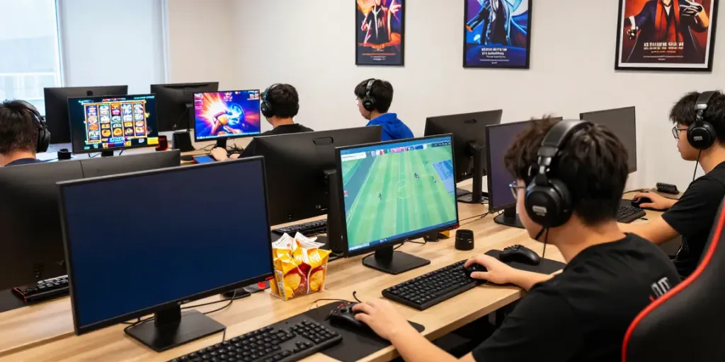 Exciting gaming atmosphere showcasing gem88.com with competitive players and colorful game graphics.
