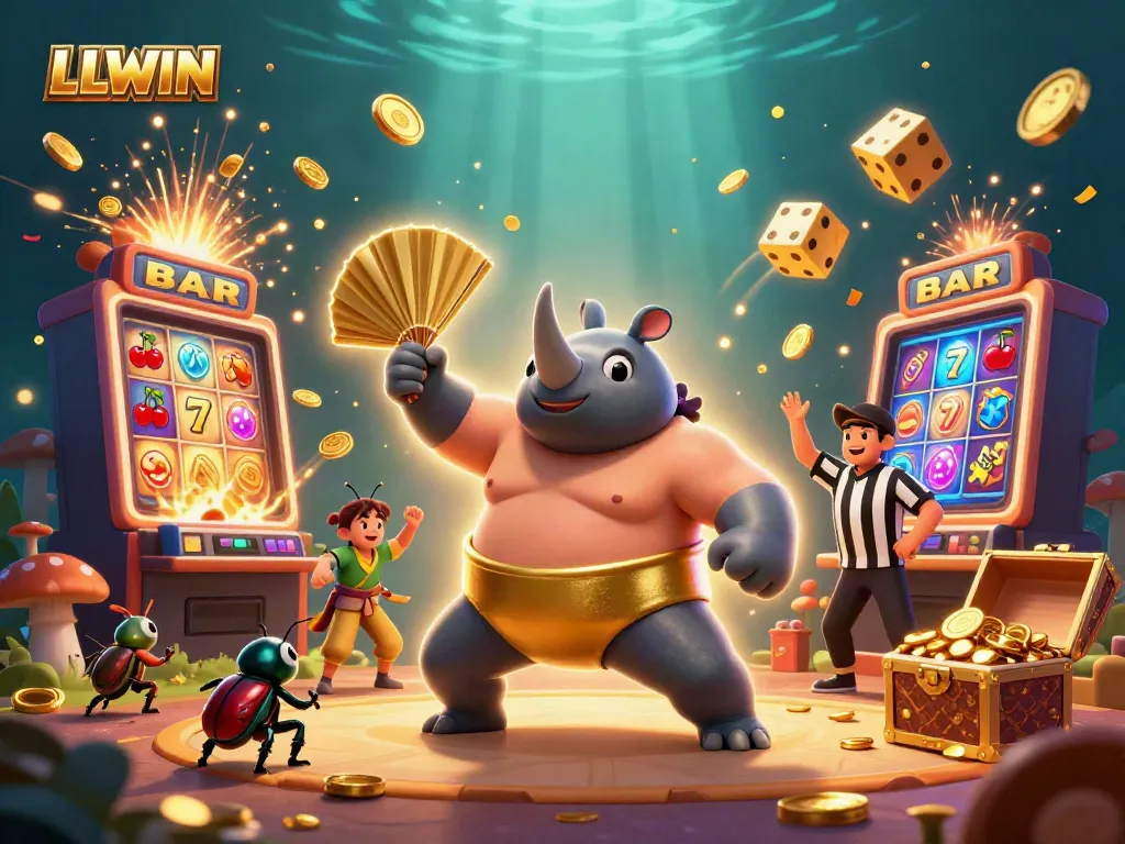 Experience wins at LLWIN with a dynamic illustration of a beetle champion amidst a winning golden jackpot.