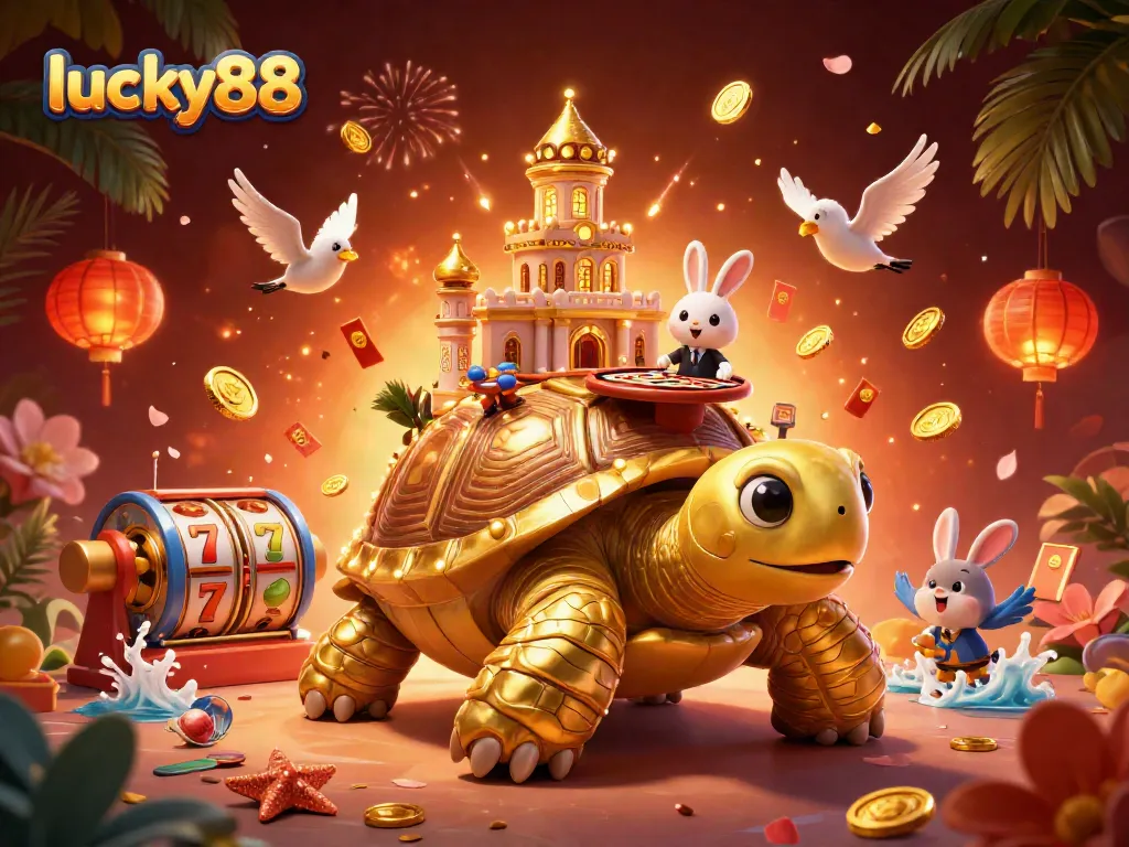 Win big at lucky88 with our exciting casino scene featuring golden tortoise and slot reels.