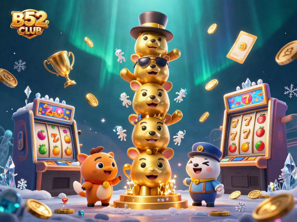 Engage with B52CLUB through an exciting 3D casino scene showcasing vibrant slot elements and golden highlights.