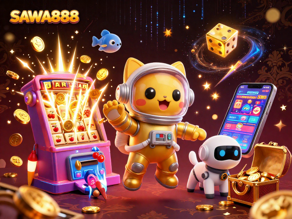 Experience thrilling jackpots with SAWA888's vibrant cartoon casino scene featuring dynamic slot machines.