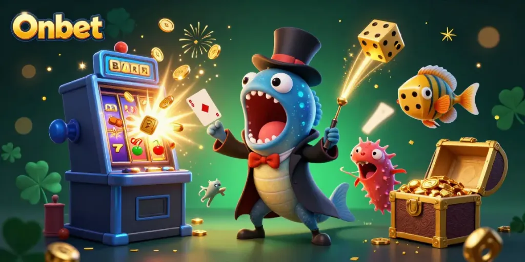 Onbet showcases an energetic deep-sea gambling scene with characters and vibrant slot elements.