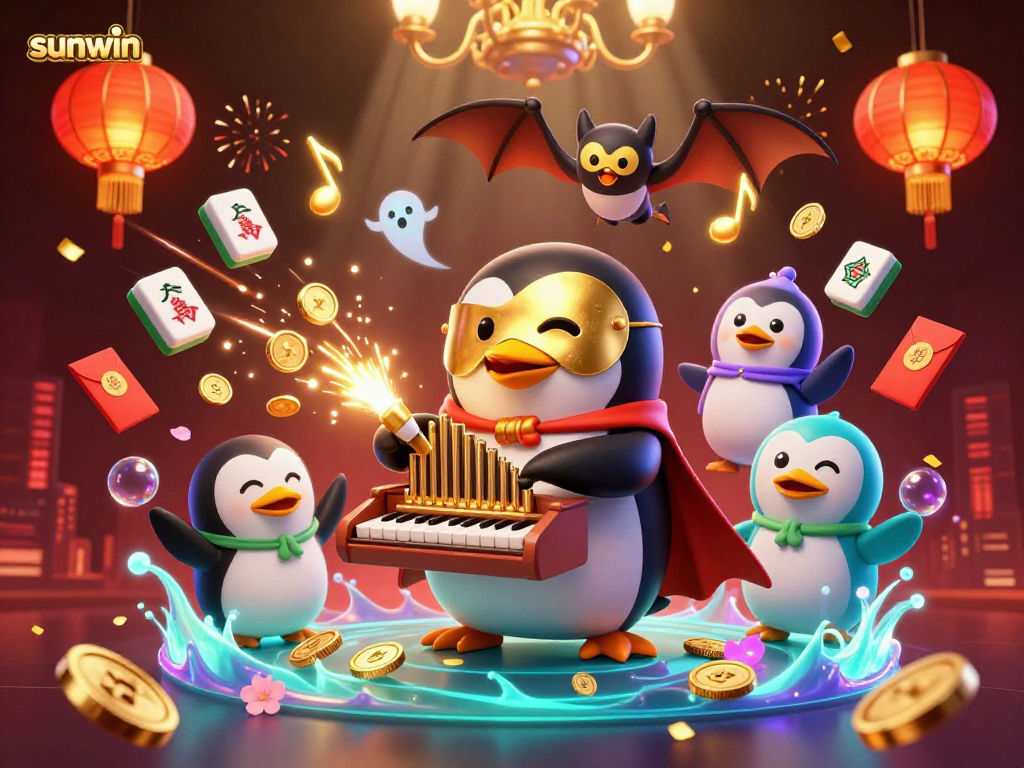 Play and win with sunwin as golden coins flow from the phantom penguin's organ amidst vibrant casino action.